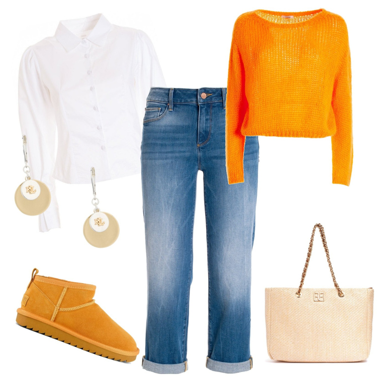 Outfit donna - Total look #1974384. Abbinamento con jeans boyfriend, borse a spalla, camicie, maglieria, orecchini, stivali.