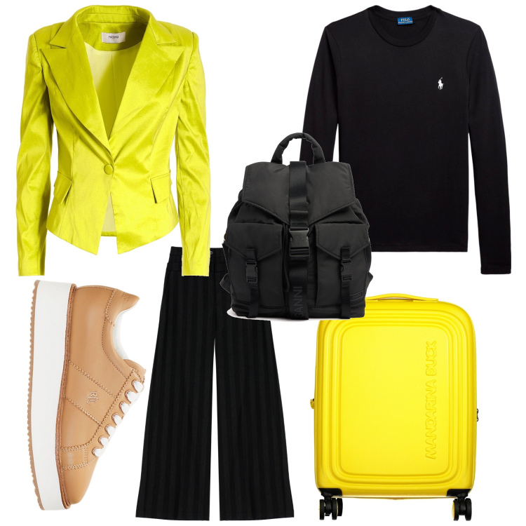 Outfit donna - Vacanze mid-season. Stile Casual chic per Tutti i giorni. Abbinamento con blazer, pantaloni, t-shirt, sneakers, zaini, valigie.
