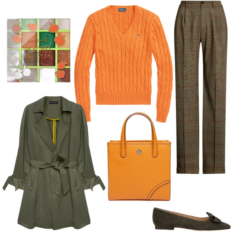 Outfit donna - Arancio e verde scuro. Stile Bon Ton per Ufficio. Abbinamento con ombretti, ballerine, maglieria, pantaloni, trench, shopping bag.