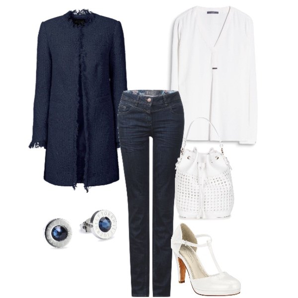 Outfit donna - Casual friday. Stile Urban per Ufficio. Abbinamento con blazer, borsa a spalla, camicia bianco, scarpe bianco, jeans straight blu, orecchini.