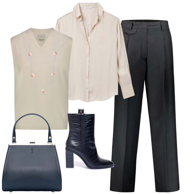Outfit donna - In ufficio. Stile Bon Ton per Ufficio. Abbinamento con camicie, collane, stivaletti, pantaloni, maglieria, clutch.