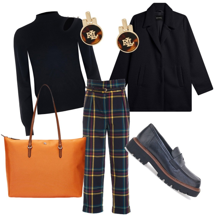 Outfit donna - Dettagli arancio in ufficio. Stile Casual chic per Ufficio. Abbinamento con maglieria, pantaloni, cappotti, borse tote, orecchini, mocassini.