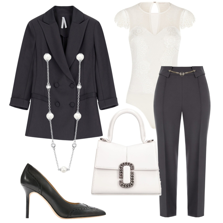 Outfit donna - Total look #1974457. Stile Chic per Ufficio. Abbinamento con collane, body, pantaloni, blazer, décolleté, borse a mano.