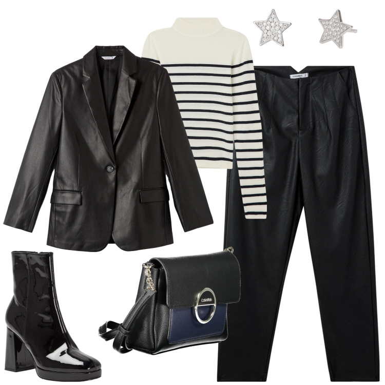 Outfit donna - Autunno skin. Stile Trendy per Tutti i giorni. Abbinamento con pantaloni chino, blazer, maglieria, stivaletti, orecchini, borse a tracolla.