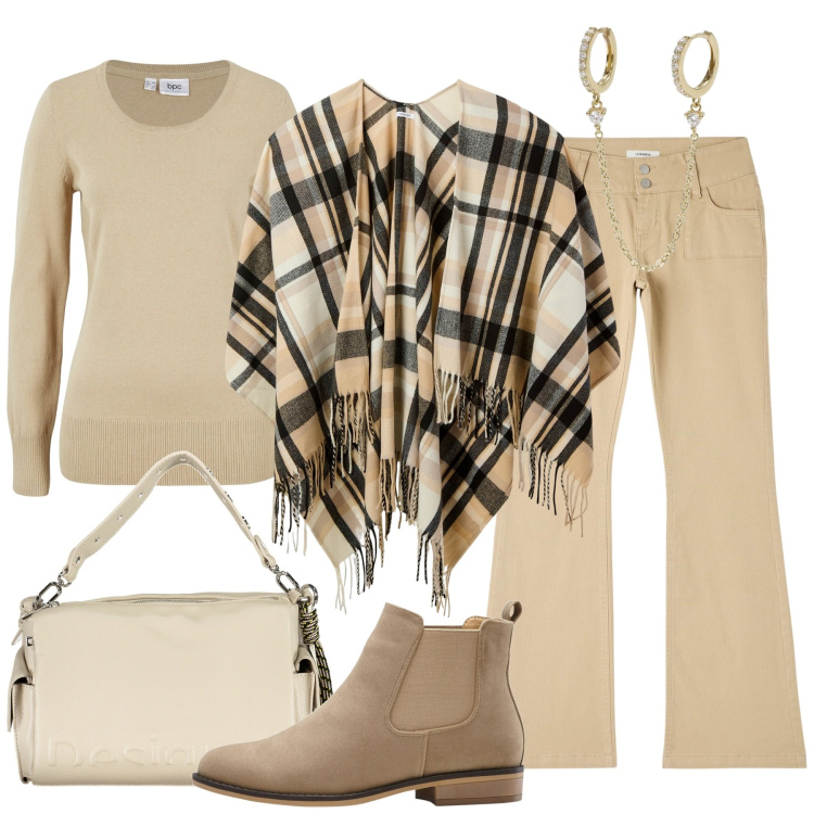 Outfit donna - La mantella check. Stile Casual per Tutti i giorni. Abbinamento con stivaletti chelsea, maglieria, cappe, pantaloni, orecchini, borse a spalla.