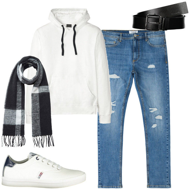 Outfit uomo - City. Stile Casual per Tutti i giorni. Abbinamento con felpe con cappuccio, jeans strappati, sciarpe, cinture, sneakers.