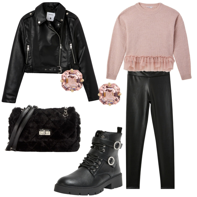Outfit donna - Romantico Rock. Stile Rock per Scuola/Università. Abbinamento con anfibi, maglieria, giacche, treggings, borse a spalla, orecchini.