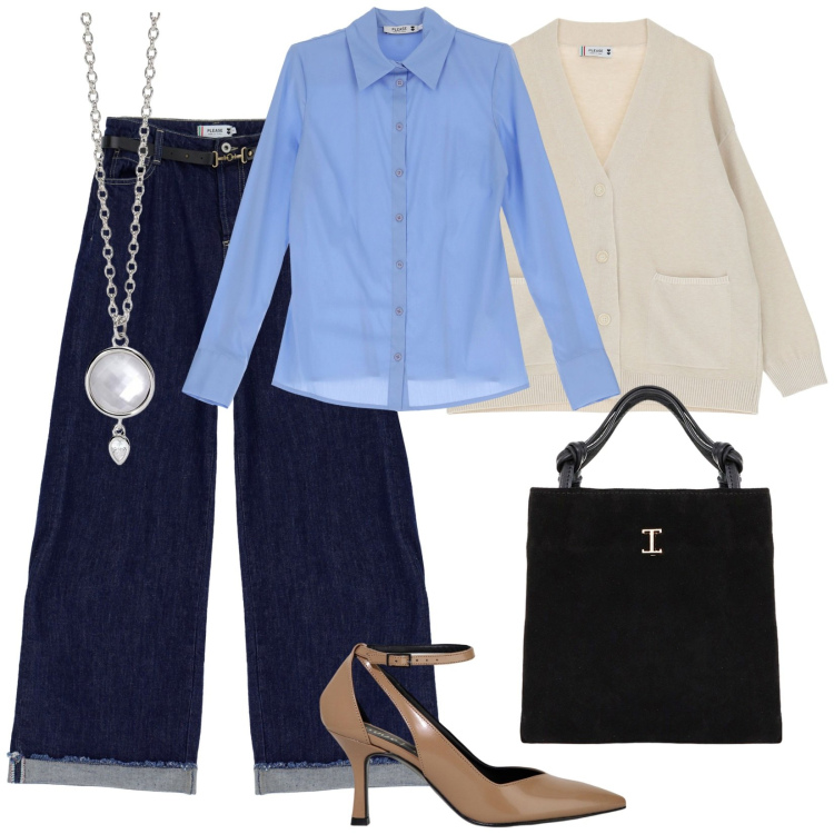 Outfit donna - Chic in denim. Stile Casual chic per Tutti i giorni. Abbinamento con camicie, jeans, cardigans, collane, shopping bag, décolleté.