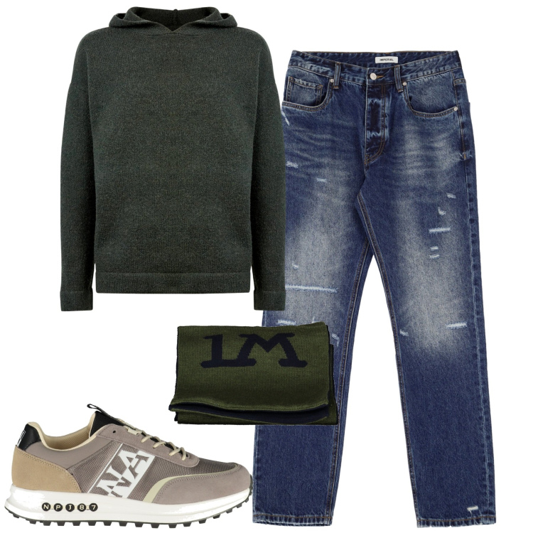 Outfit uomo - City. Stile Urban per Tutti i giorni. Abbinamento con jeans dritti, maglieria, sneakers, sciarpe.