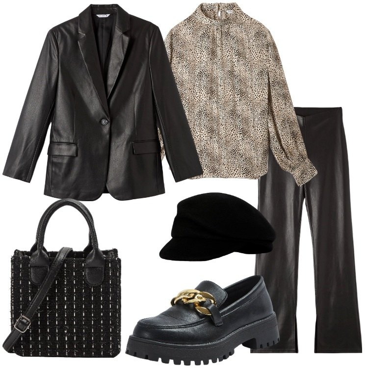 Outfit donna - Leather Mania Sfodera il tuo lato rock. Stile Rock per Serata fuori. Abbinamento con pantaloni, bluse, blazer, mocassini, shopping bag, berretti.