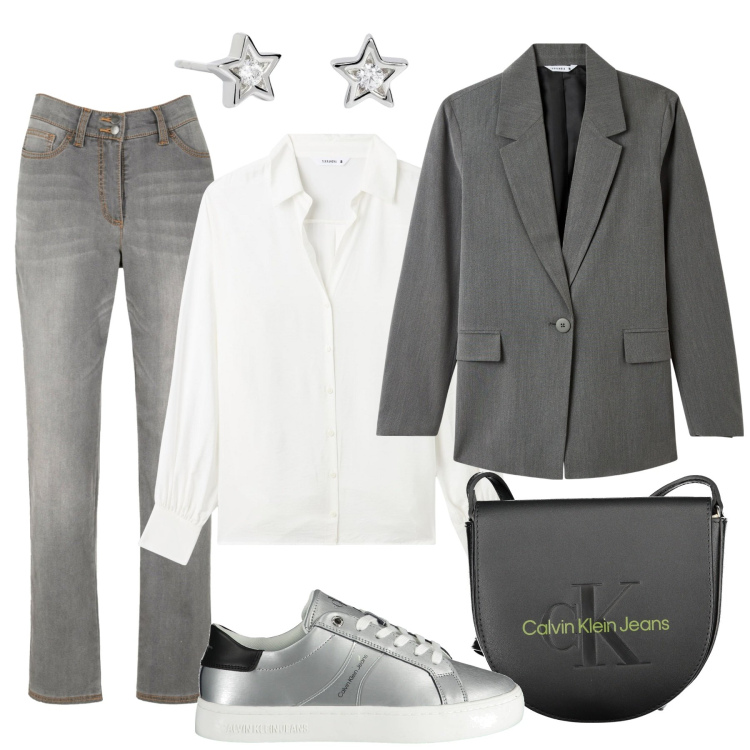Outfit donna - Un classico rivisitato. Stile Casual chic per Tutti i giorni. Abbinamento con jeans dritti, orecchini, blazer, camicie, borse a tracolla, sneakers.