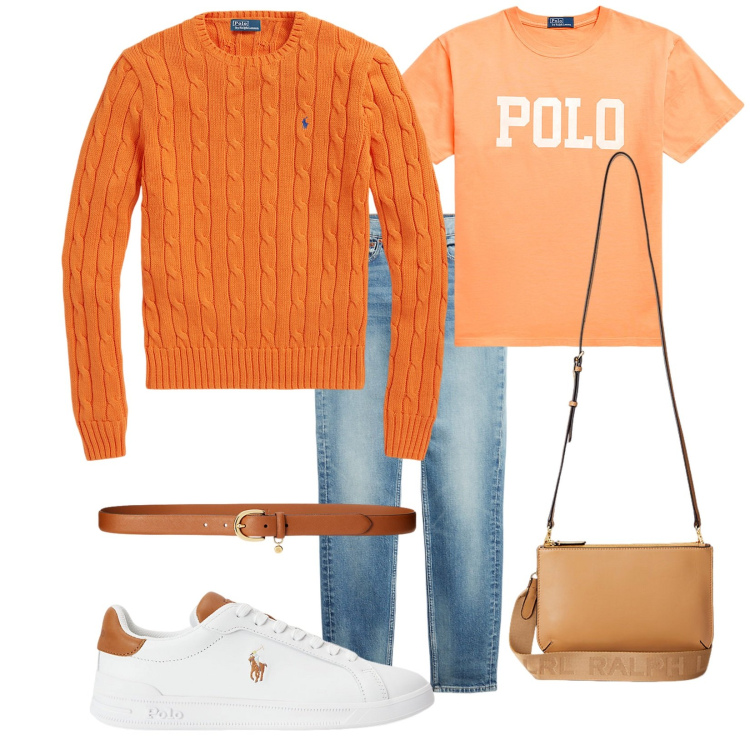 Outfit donna - Autunno. Stile Basic per Tutti i giorni. Abbinamento con maglieria, cinture, t-shirt, sneakers, borse a tracolla, jeans skinny.