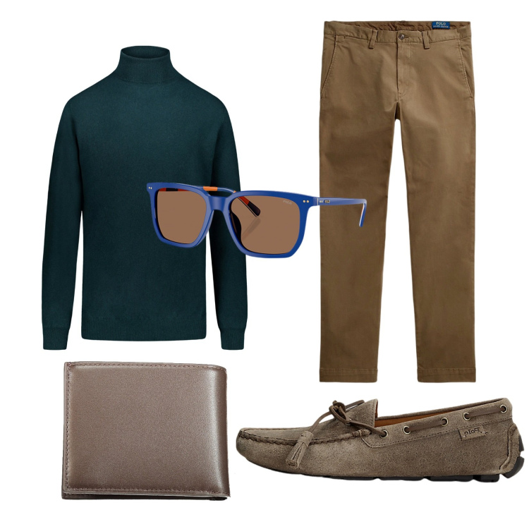 Outfit uomo - Terra. Stile Trendy per Tutti i giorni. Abbinamento con scarpe stringate, pantaloni, occhiali da sole, maglieria, portafogli.