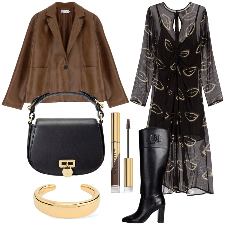 Outfit donna - Total look #1974496. Stile Vintage retrò per Serata fuori. Abbinamento con mascara, blazer, vestiti, borse a tracolla, stivali, braccialetti.