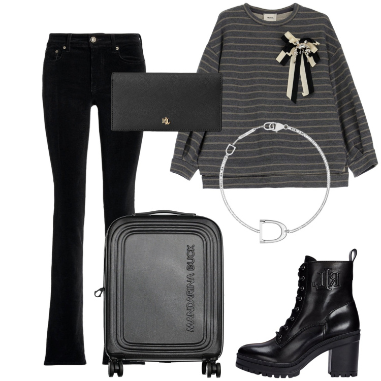 Outfit donna - Weekend. Stile Casual per Tutti i giorni. Abbinamento con maglieria, pantaloni, portafogli, stivaletti, braccialetti, valigie.