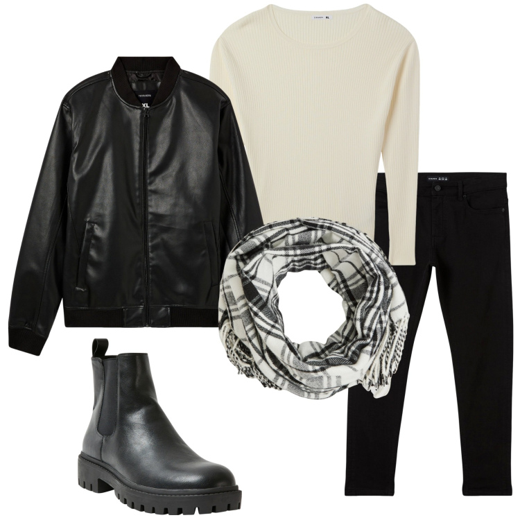 Outfit uomo - Autunno con Terranova. Stile Casual per Tutti i giorni. Abbinamento con stivali e stivaletti, bomber, pantaloni skinny, maglieria, sciarpe.