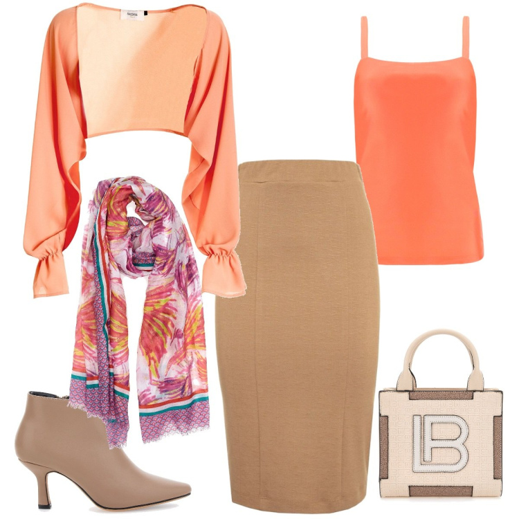 Outfit donna - Arancio autunno. Stile Casual chic per Tutti i giorni. Abbinamento con blazer, canottiere, sciarpe, gonne lunghe, stivaletti, borse a mano.