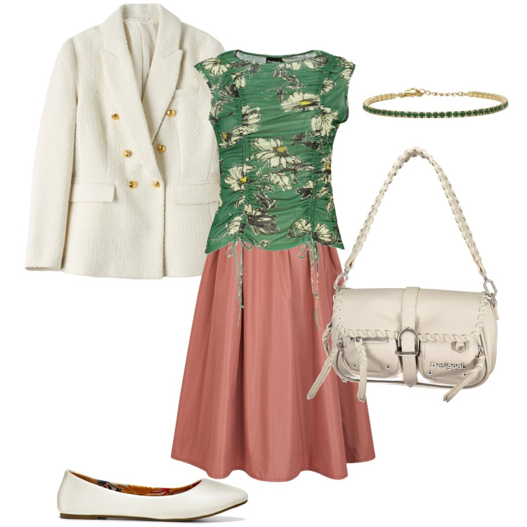 Outfit donna - Un autunno caldo. Stile Bon Ton per Tutti i giorni. Abbinamento con ballerine, blazer, braccialetti, gonne lunghe, canottiere, borse a spalla.
