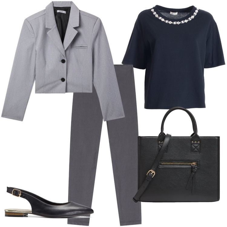 Outfit donna - Il colletto decorato. Stile Bon Ton per Ufficio. Abbinamento con ballerine, shopping bag, blazer, t-shirt, pantaloni skinny.