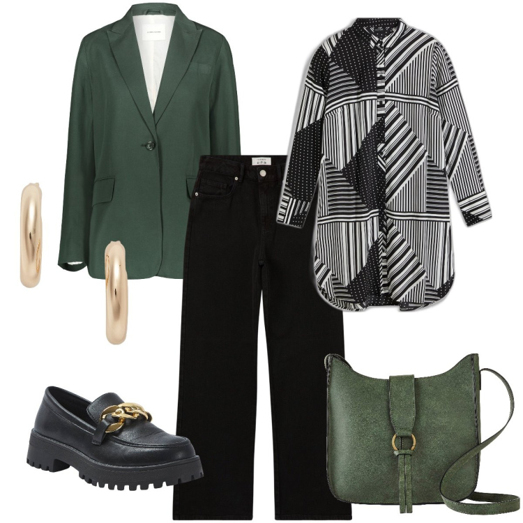Outfit donna - Il verde a contrasto. Stile Mannish per Ufficio. Abbinamento con camicie, borse a tracolla, pantaloni, mocassini, orecchini, blazer.