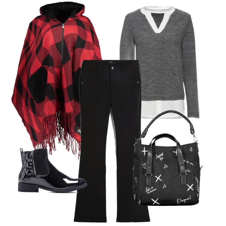 Outfit donna - Il poncho a quadri. Stile Casual per Tutti i giorni. Abbinamento con pantaloni, stivaletti, maglieria, cappotti, borse a spalla.