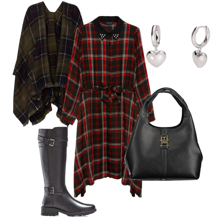 Outfit donna - Quadri con quadri. Stile Casual chic per Serata fuori. Abbinamento con stivali, orecchini, vestiti asimmetrici, cappe, borse a tracolla.