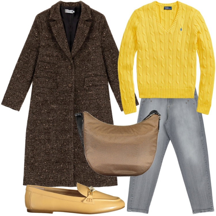 Outfit donna - Cappotto lungo verde oliva. Stile Casual chic per Ufficio. Abbinamento con cappotti, jeans, maglieria, borse a tracolla, mocassini.