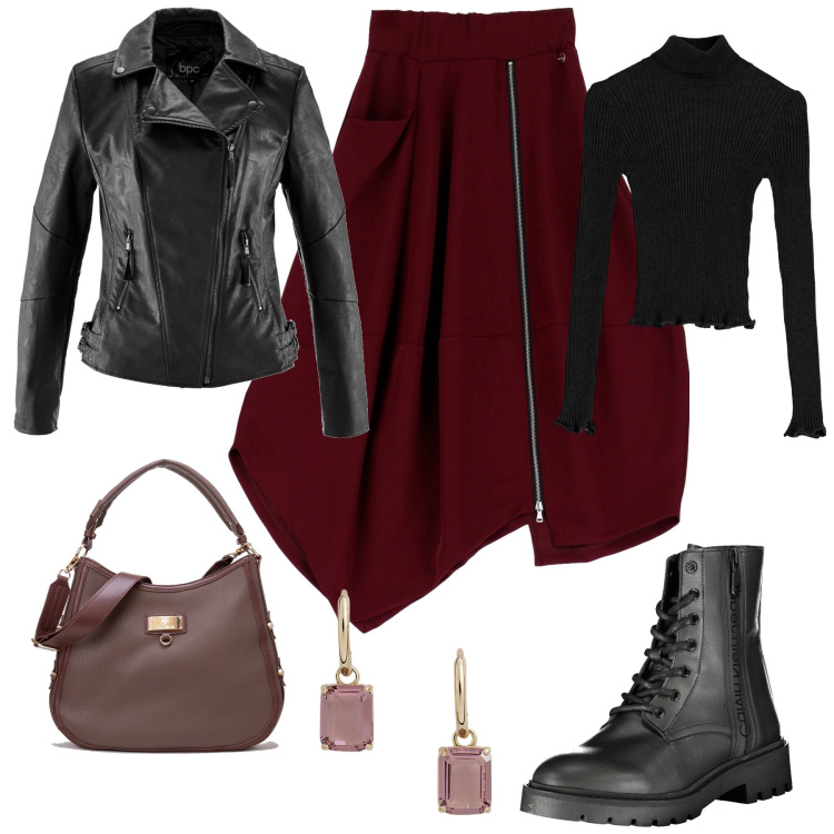 Outfit donna - La gonna midi asimmetrica. Stile Glamour per Tutti i giorni. Abbinamento con blazer, gonne longuette, maglieria, borse a tracolla, orecchini, stivali.