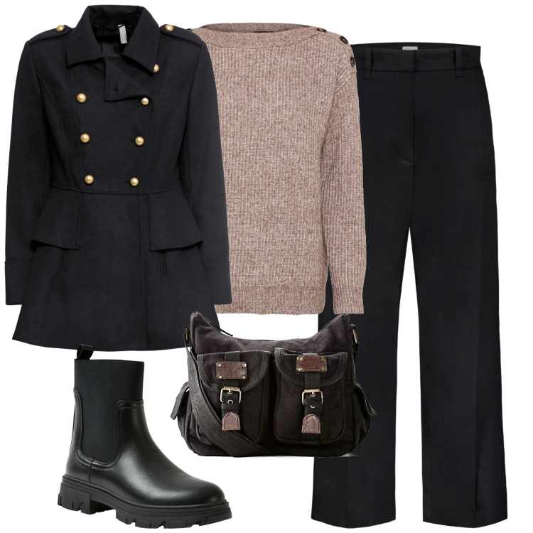 Outfit donna - City. Stile Casual chic per Tutti i giorni. Abbinamento con maglieria, cappotti, borse a tracolla, stivaletti chelsea, pantaloni.