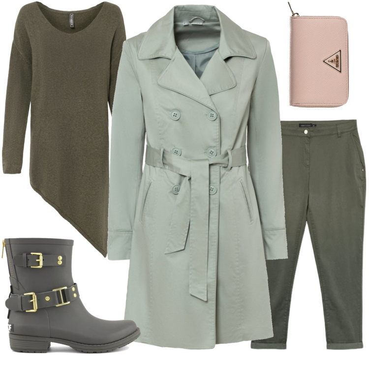 Outfit donna - Tonalità di verde. Stile Casual per Scuola/Università. Abbinamento con trench, maglieria, stivali, pantaloni, portafogli.