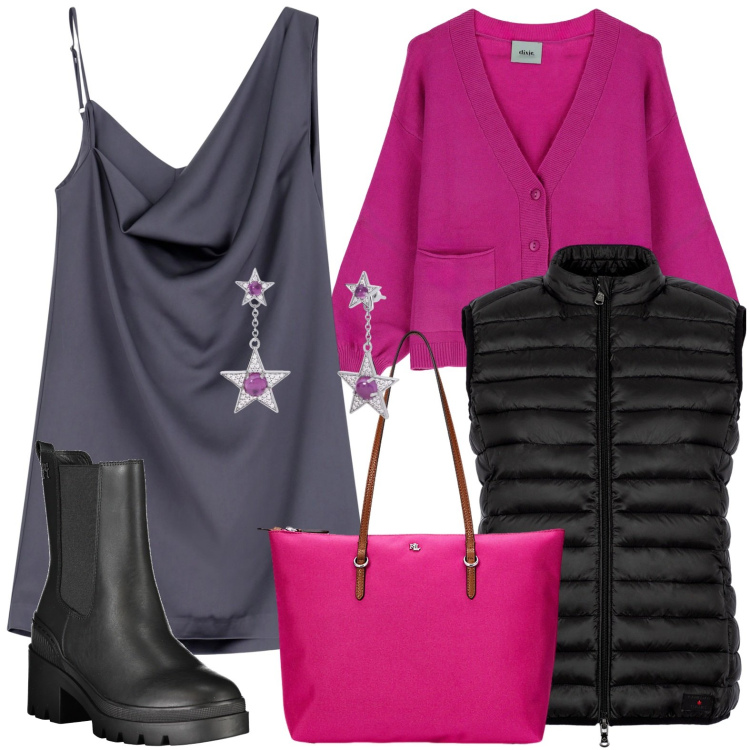 Outfit donna - Il cardigan fuxia con tasche. Stile Basic per Tutti i giorni. Abbinamento con orecchini, vestiti asimmetrici, cardigans, borse tote, piumini, stivali.