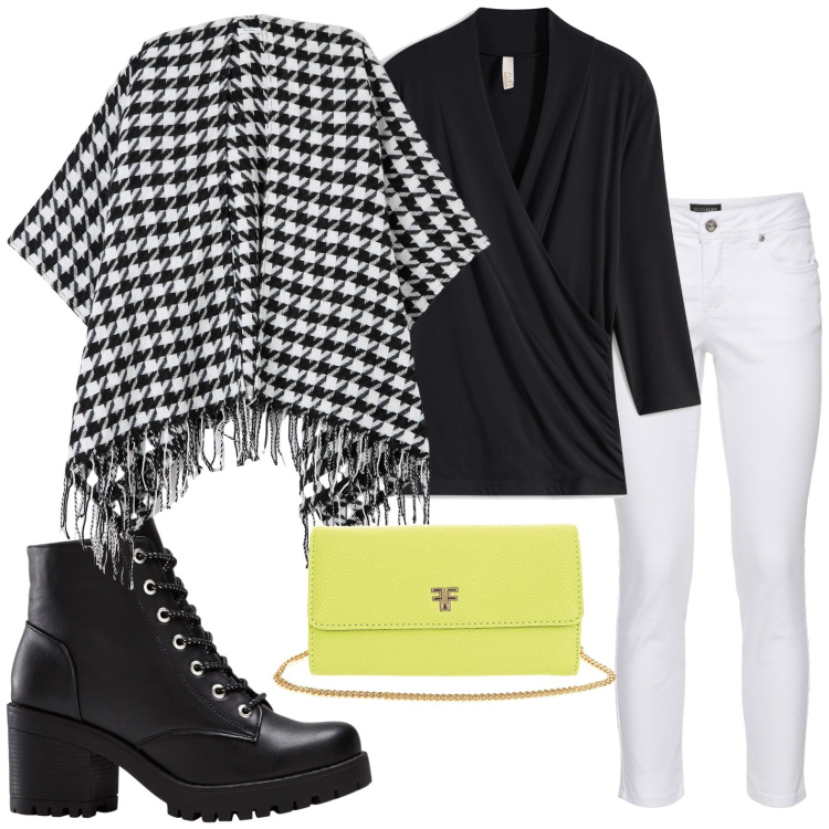 Outfit donna - Mantella pied de poule. Stile Glamour per Ufficio. Abbinamento con stivaletti, maglieria, pantaloni, cappe, borse a tracolla.