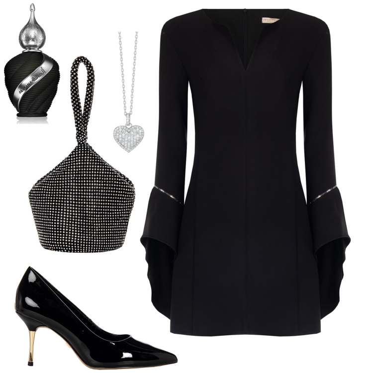 Outfit donna - Serata. Stile Chic per Serata fuori. Abbinamento con profumi, collane, vestiti midi/longuette, décolleté, pochette.