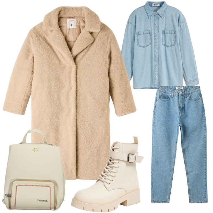 Outfit donna - Il cappotto morbido e caldo. Stile Casual per Scuola/Università. Abbinamento con camicie, jeans mom, cappotti, anfibi, zaini.