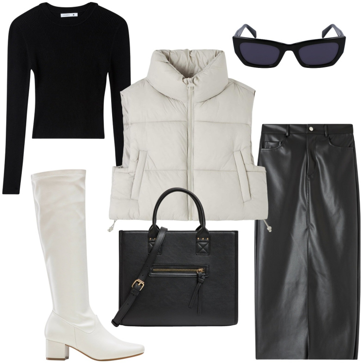 Outfit donna - Stivali bianco neve. Stile Bon Ton per Scuola/Università. Abbinamento con stivali, shopping bag, gonne lunghe, piumini, maglieria, occhiali da sole.