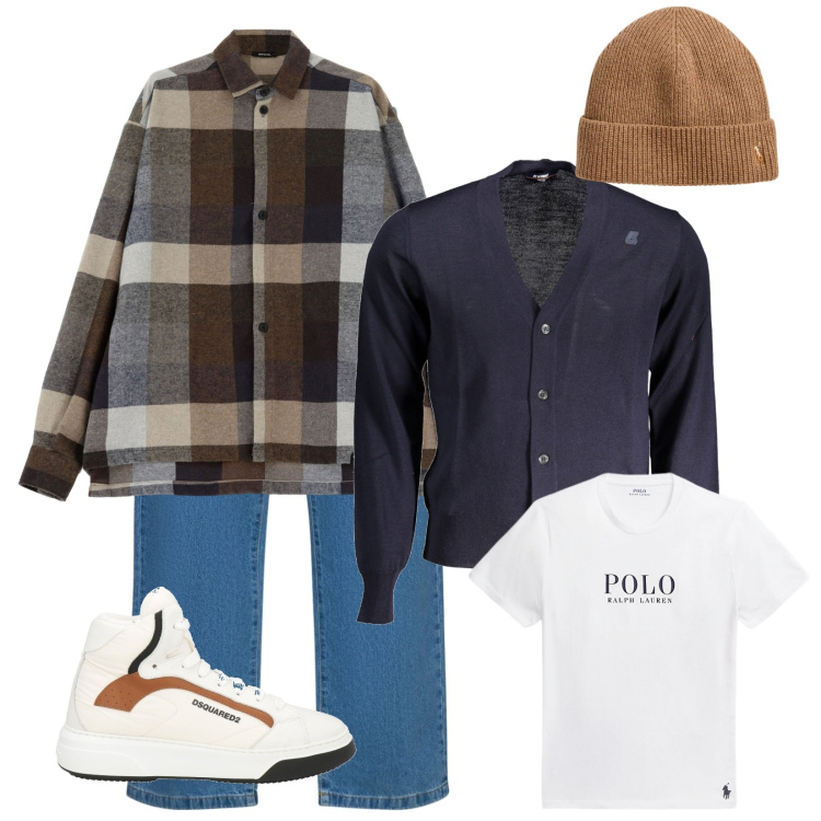 Outfit uomo - Stratificazione autunnale. Stile Urban per Tutti i giorni. Abbinamento con camicie, berretti, t-shirt, sneakers alte, pantaloni, cardigans.