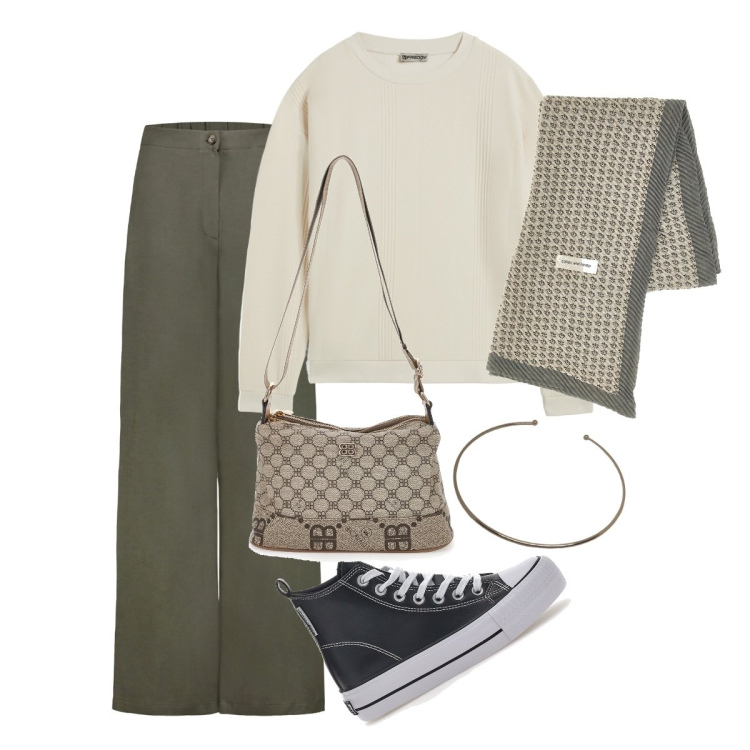 Outfit donna - Color verde oliva. Stile Minimal per Tutti i giorni. Abbinamento con felpe, sneakers alte, pantaloni, foulard, anelli, borse a tracolla.