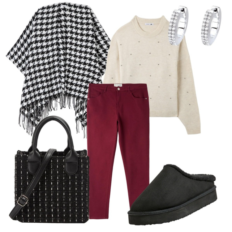 Outfit donna - Mix and match curvy autunno. Stile Chic per Tutti i giorni. Abbinamento con sabot, cappe, pantaloni, maglieria, shopping bag, orecchini.