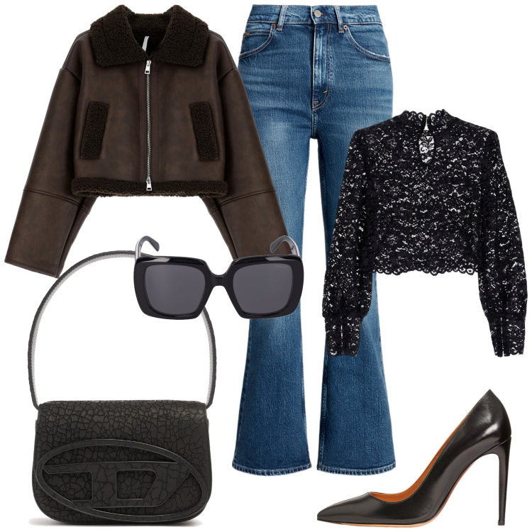 Outfit donna - Autunno jeans e décolleté. Stile Casual chic per Tutti i giorni. Abbinamento con camicie, blazer, jeans, décolleté, occhiali da sole, borse a spalla.