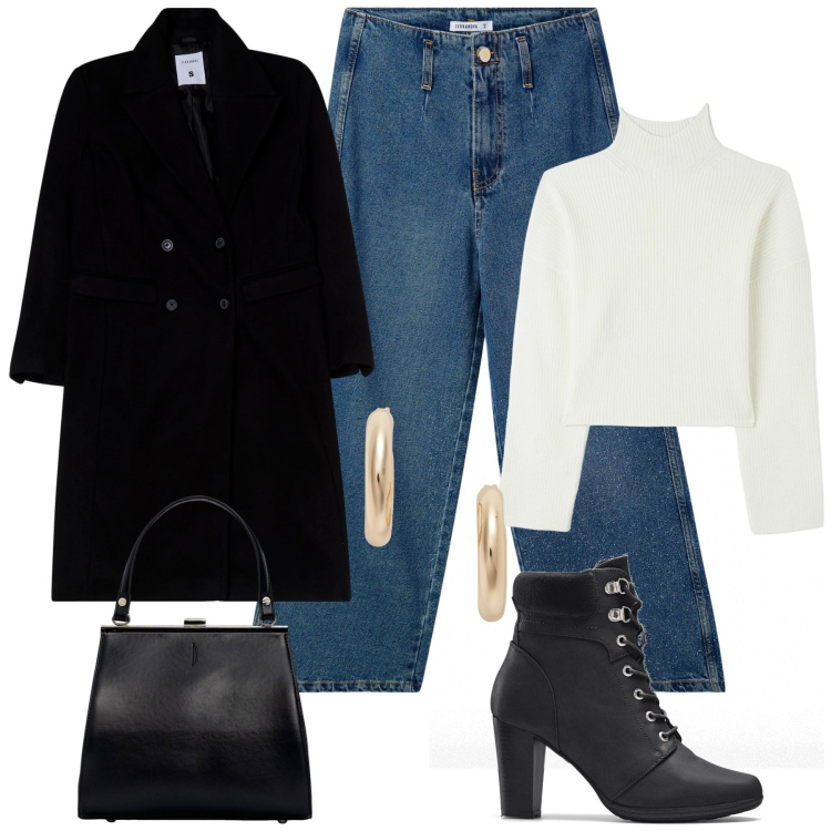 Outfit donna - Very edgy classic. Stile Casual per Tutti i giorni. Abbinamento con stivaletti, cappotti, jeans, maglieria, orecchini, clutch.