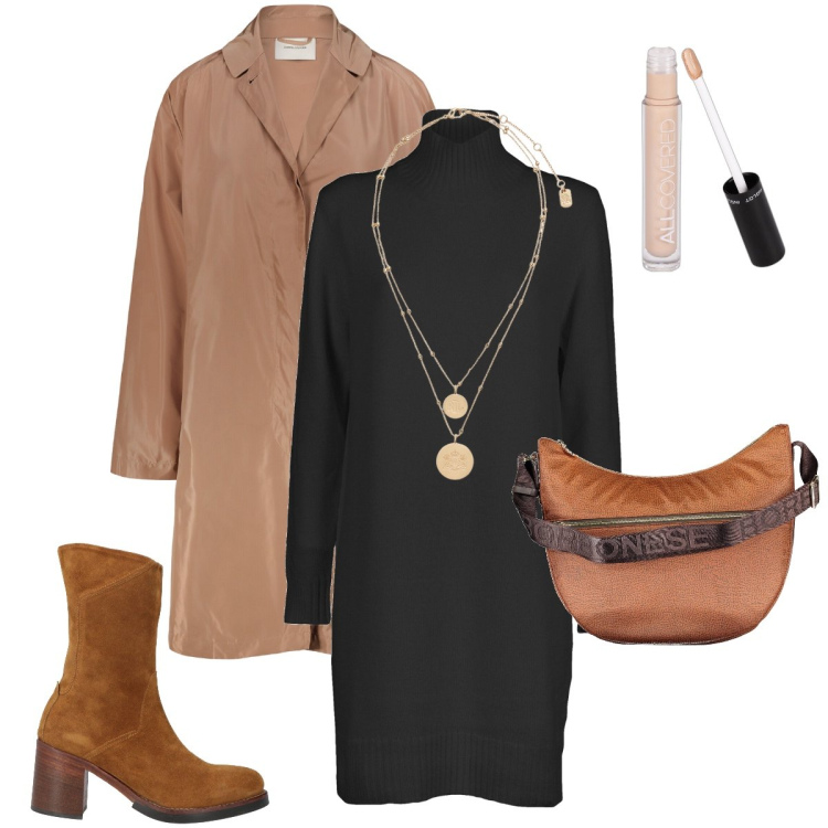 Outfit donna - Il vestito a dolcevita. Stile Trendy per Tutti i giorni. Abbinamento con stivaletti, correttori, ciondoli, trench, vestiti, borse a tracolla.