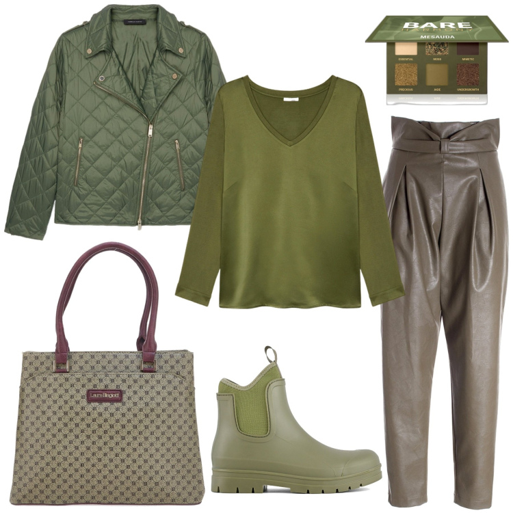 Outfit donna - Primi freddi. Stile Casual chic per Ufficio. Abbinamento con ombretti, pantaloni, stivali, t-shirt, piumini, borse a mano.