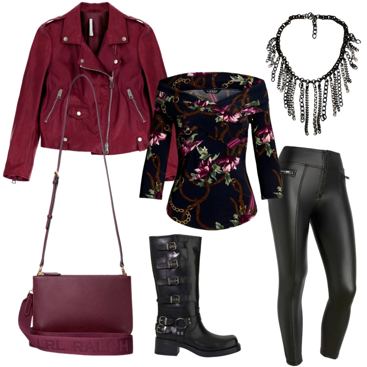 Outfit donna - La giacca di pelle bordeaux di moda. Stile Rock per Serata fuori. Abbinamento con giacche, pantaloni skinny, stivali, maglieria, borse a tracolla, collane.
