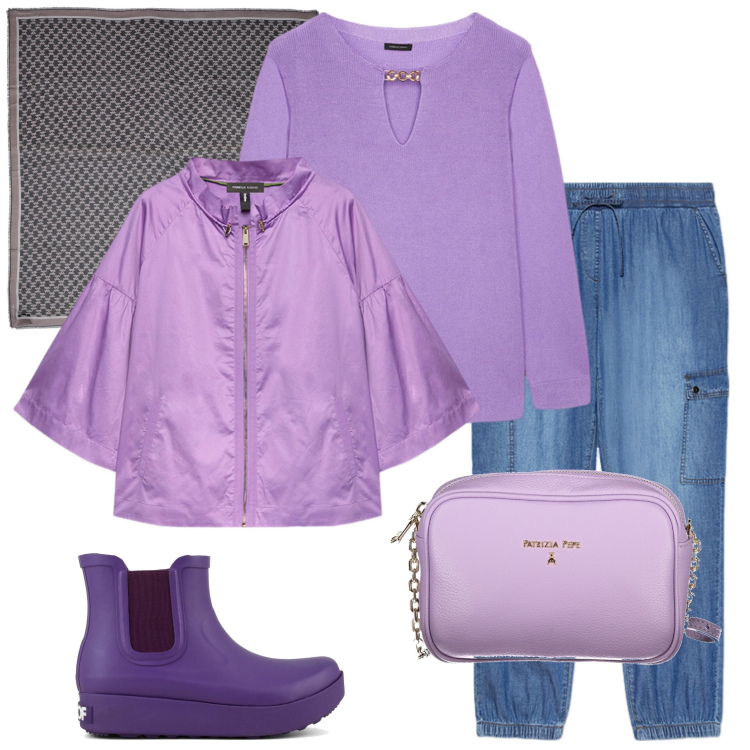 Outfit donna - In città. Stile Casual chic per Ufficio. Abbinamento con sciarpe, stivali, blazer, maglieria, borse a tracolla, pantaloni cargo.