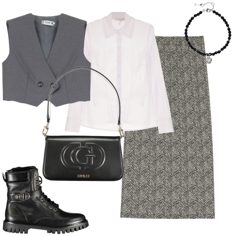Outfit donna - City. Stile Casual chic per Tutti i giorni. Abbinamento con camicie, gonne, gilet, braccialetti, stivali, borse a spalla.