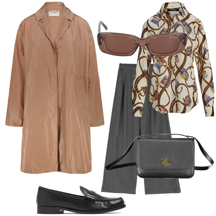 Outfit donna - Riunione. Stile Chic per Ufficio. Abbinamento con pantaloni, camicie, trench, mocassini, occhiali da sole, borse a tracolla.