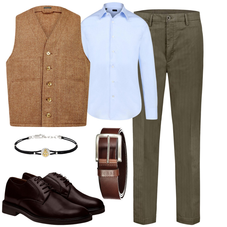 Outfit uomo - In ufficio. Stile Business/Elegante per Ufficio. Abbinamento con braccialetti, gilet, scarpe stringate, pantaloni, camicie, cinture.
