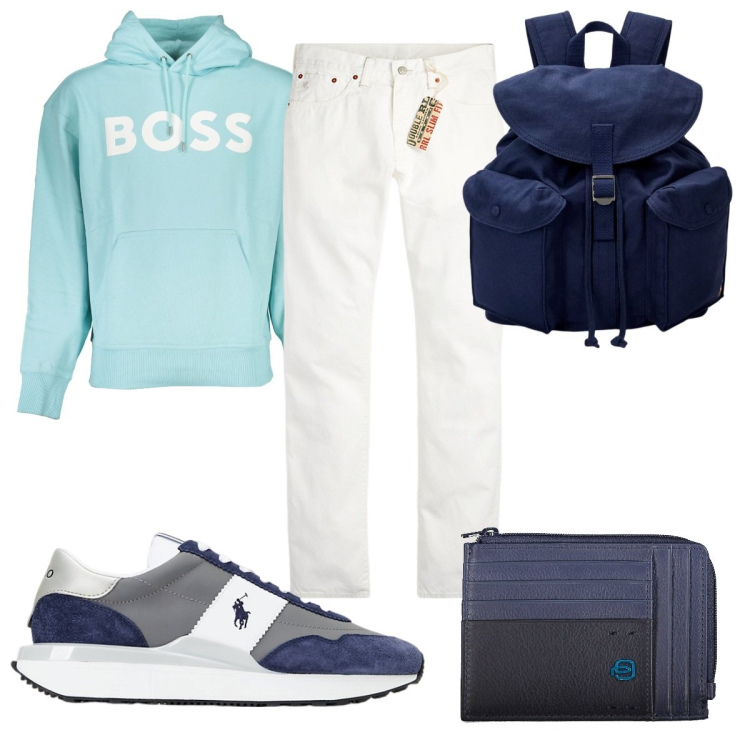 Outfit uomo - Total look #1974688. Stile Casual per Tutti i giorni. Abbinamento con borse sportive, jeans slim fit, sneakers, portafogli, felpe con cappuccio.