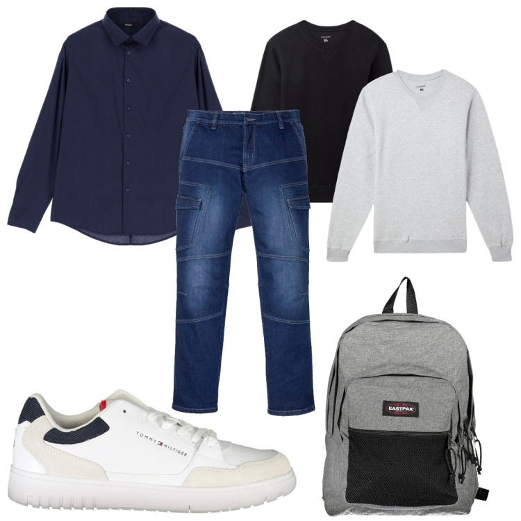 Outfit uomo - Total look #1974690. Stile Trendy per Tutti i giorni. Abbinamento con jeans dritti, felpe, camicie, sneakers, borse sportive.