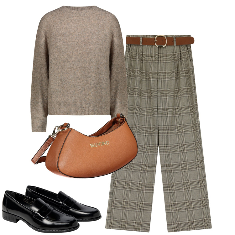 Outfit donna - In ufficio. Stile Casual chic per Ufficio. Abbinamento con pantaloni, maglieria, borse a spalla, mocassini.